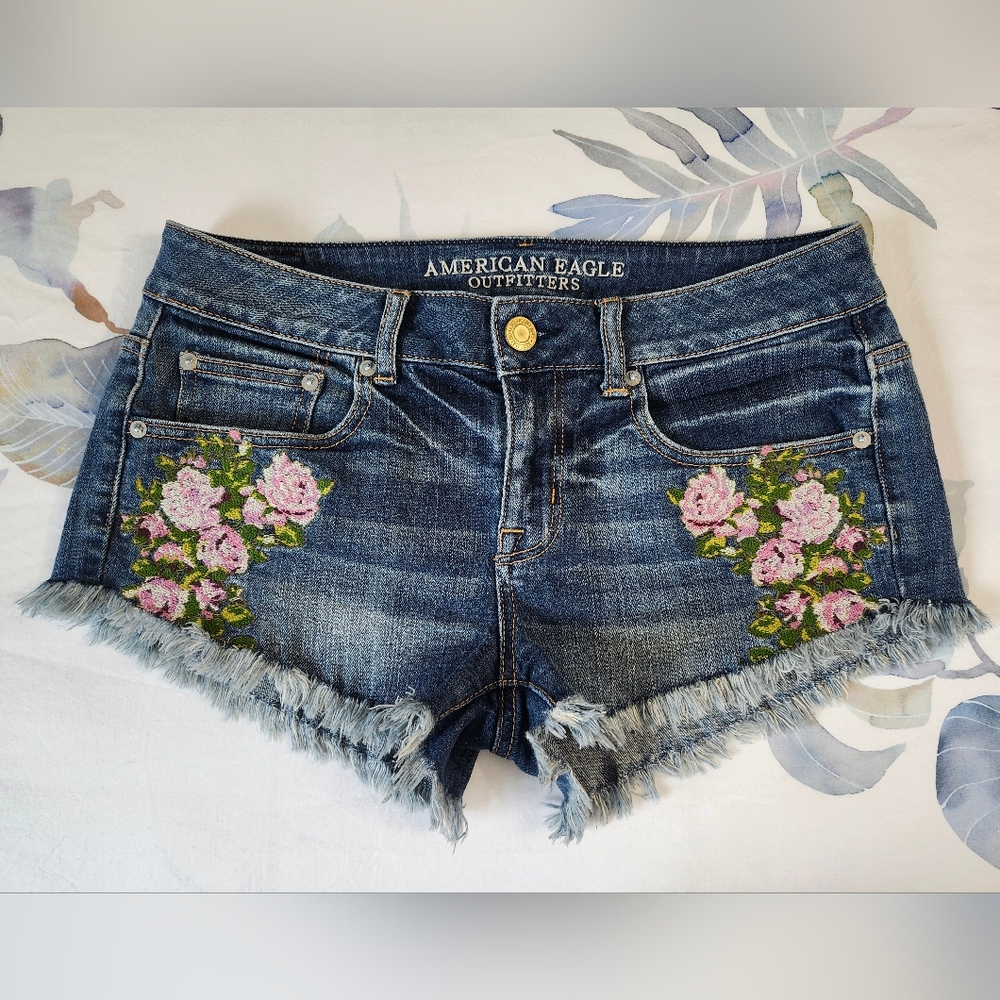 American Eagle Embroidered Floral Denim Shorts